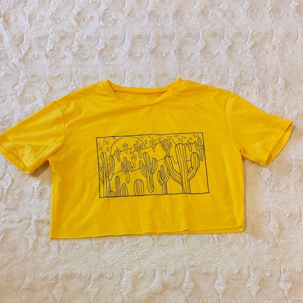 Yellow Cactus Print Cropped T-Shirt